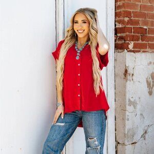 Pleated Button Woven Top "RED, PURPLE & GREEN"